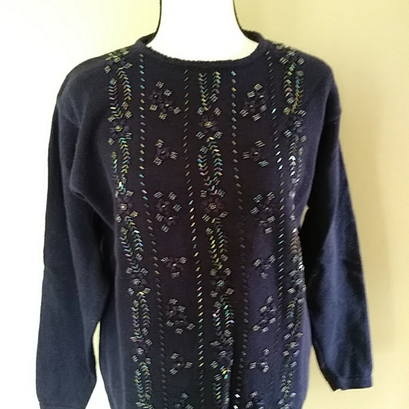 Victoria Jones Beaded Floral Tunic Sweater L Navy Blue - Picture 14 of 16